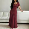 Damen Quadratischer Ausschnitt Kurze Ärmel Maxikleid Lässig Raffung Knopfleiste Vorne Stufenkleid Einfarbig Partykleid