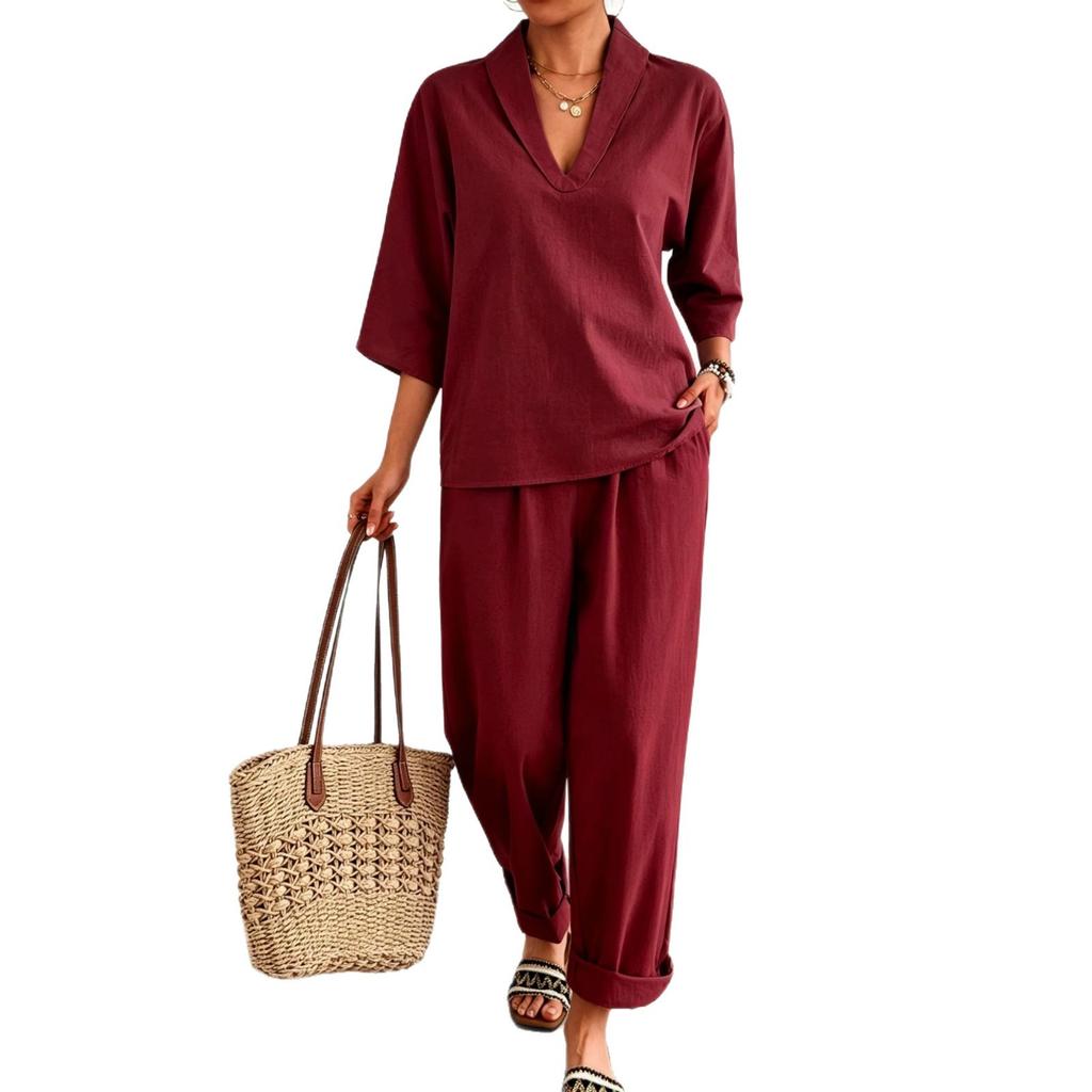 2026 cross-border spring and summer explosion European and American style V-neck short-sleeved suit fashionable casual wide-leg pants suit