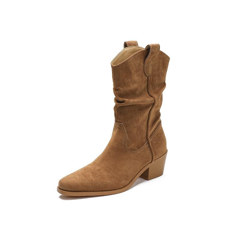 Large size -4 cowboy boots women's autumn new pointed thick heel pleated stack short Martin boots knight boots