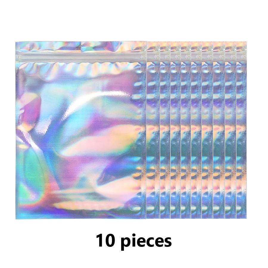 

10Pcs Holographic Foil Zip Bags, Resealable Pouch Gift Packaging for Gel Polish Nail Rhinestones Jewelry Makeup Tool 10.5*15cm