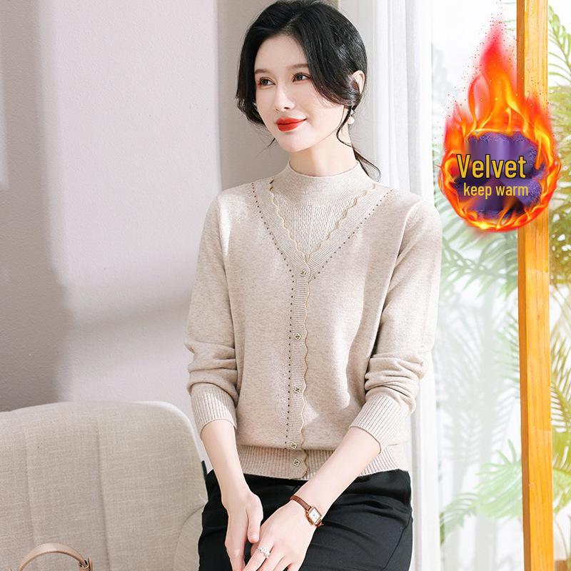 Stylish Two-Piece Look Knitwear for Middle-Aged & Elderly Women - Autumn/Winter, Velvet-Lined, Thick, Warm, Loose Fit, Large Size Mom’s Sweater