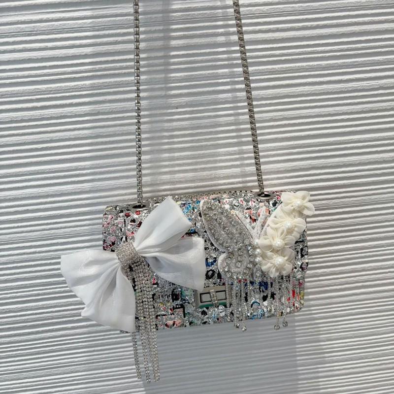Womens Small Square PU Crossbody Bag With Rhinestone Butterfly Chain Strap Quilted Design