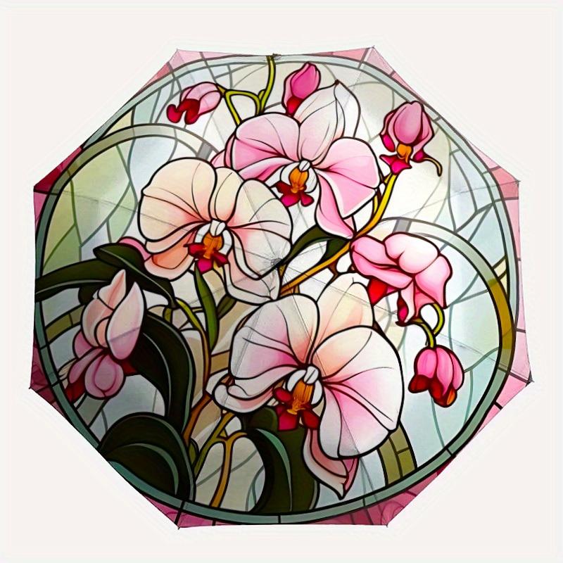 

1pc Orchid StainedGlass Auto Open/close Leisure Umbrella, 8-Rib sturdy structure, Portable Travel Umbrella, Parties, Everyday Use, Outdoor A