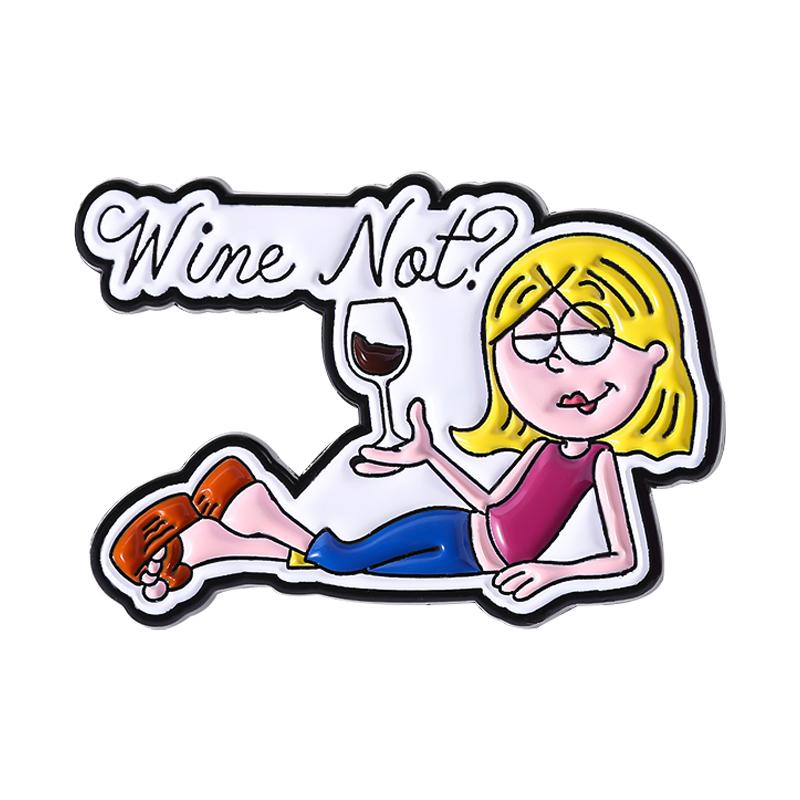 

Wine Not Enamel Pins Custom Cute Blond Girl Brooches Lapel Badges Clothes Funny Jewelry Gift for Friends