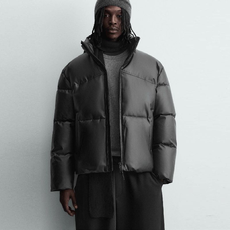 2025 Winter New Men s Warm Thickened Stand-Up Collar Loose Leather-Effect Cotton Jacket 6985450 Black M