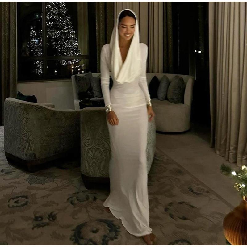 Weißes Satin-Abendkleid, formelles Etuikleid, bodenlang, sexy V-Ausschnitt, Schleppe, Falten, lange Ärmel, Falten, Kleider für besondere Anlässe