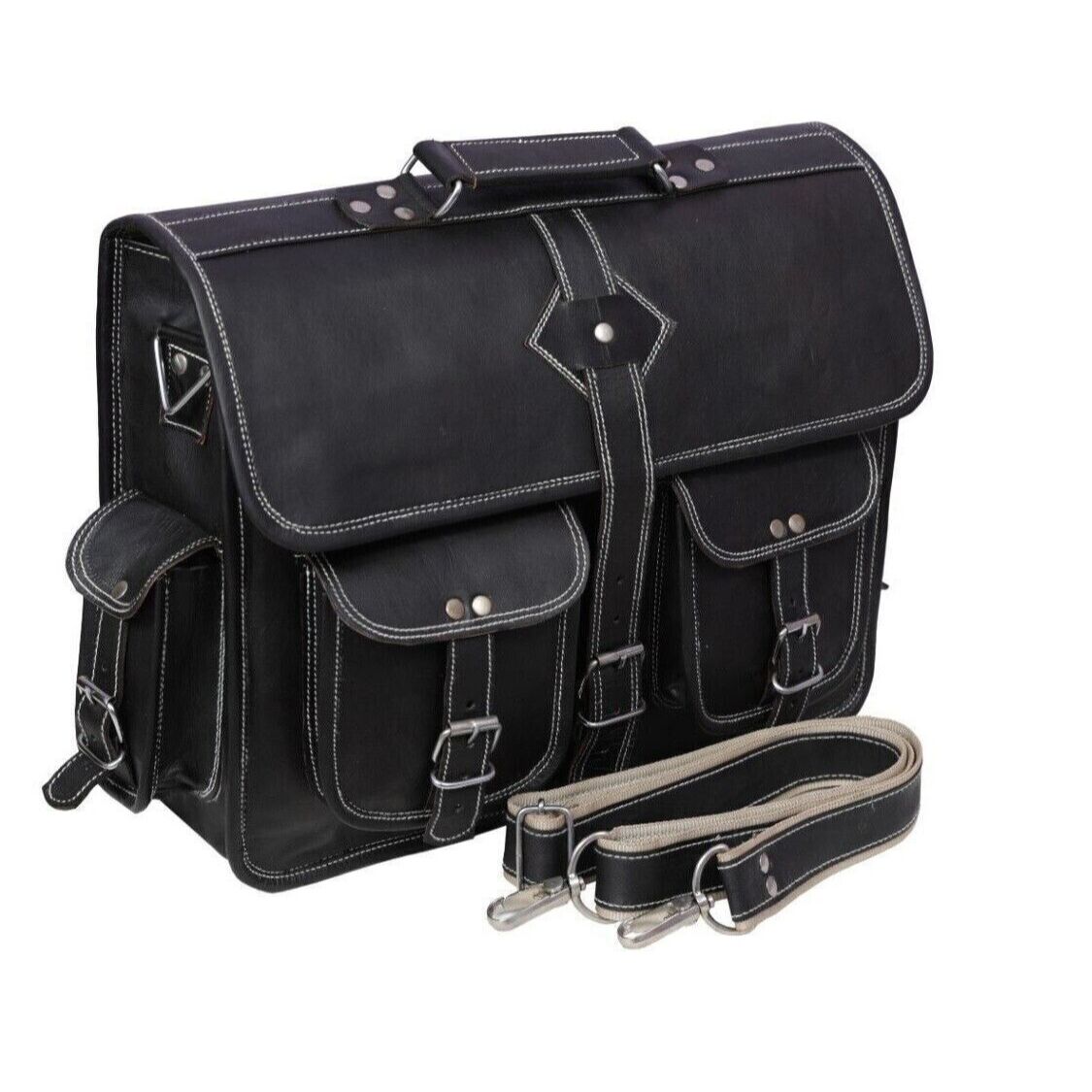 Мужская сумка через плечо для ноутбука Портфель из натуральной козьей кожи Винтаж Черный — фото 2