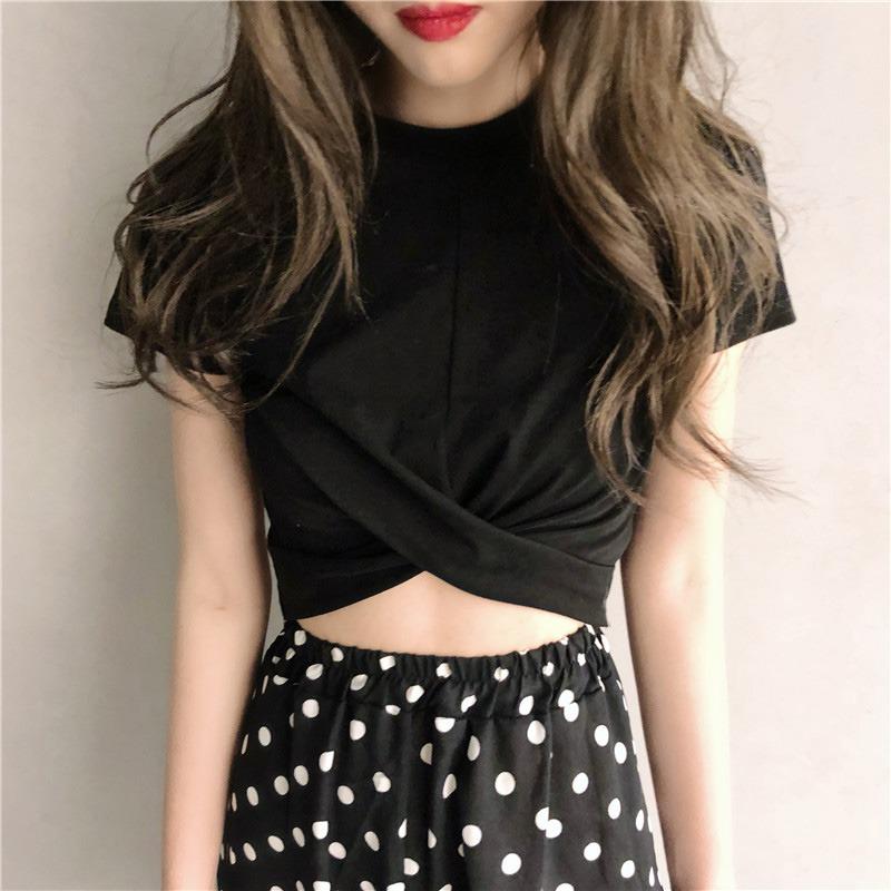 Women Casual O Neck Short Sleeve T-Shirt Summer Solid Crisscross T Shirt Top