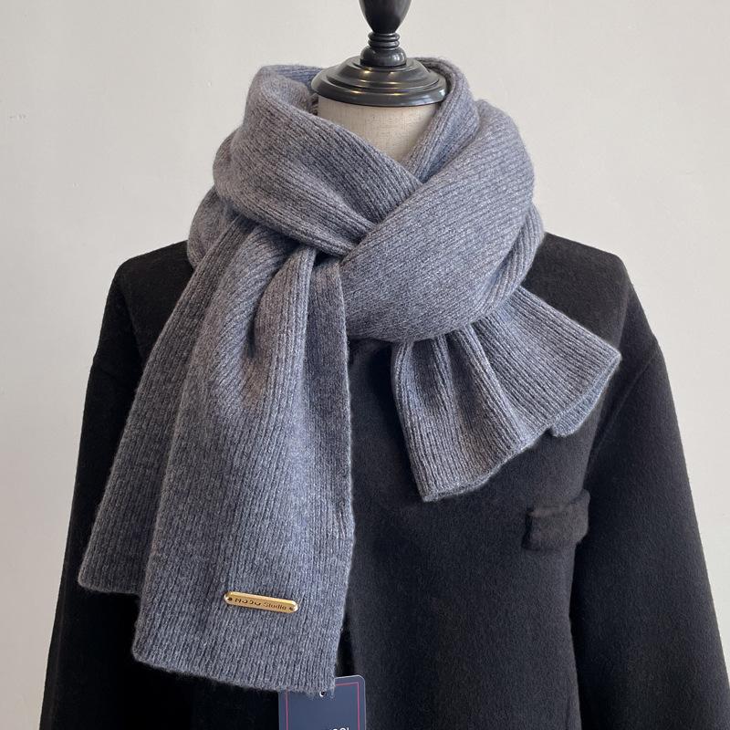 100 pure wool knitted scarf women's winter couple's simple and versatile solid color thickened scarf men's high-end shawl