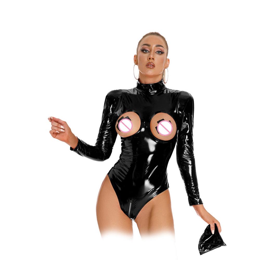 Sexy Open Cup Bust High Cut Bodysuit Pvc Latex Elastic Sexy Tight Hollow Out Clubwear Dance Leotard Wetlook Open Crotch