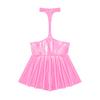Womens Open Chest Halter Ruffled Dress Wet Look Patent Leather Sleeveless Backless Dresses Lingerie Nightwear