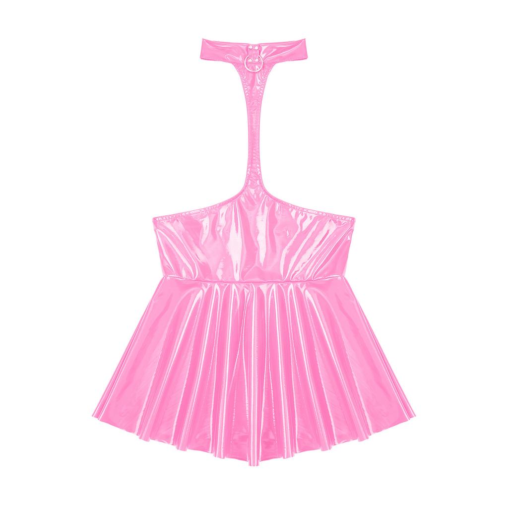 Dámské šaty s otevřenou hrudní ohlávkou nařasené šaty mokrého vzhledu lakovaná kůže šaty bez rukávů bez zad Spodní prádlo noční prádlo