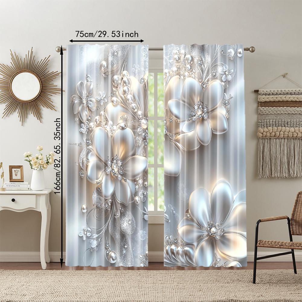 2 Stück Graue Diamant-Perle Schmetterlingsdruck Vorhänge Stangentaschen-Design zum einfachen Aufhängen Lichtfilternde Polyester-Vorhänge für