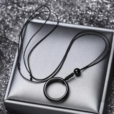 Natural Obsidian Ring Pendants Good Luck Women Long Chain Necklaces Knitted Jewelry Gift Accessories