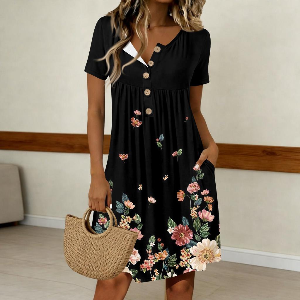 Women's Fashion Retro Print Round Neck Short Sleeve Buttoned Casual Dress