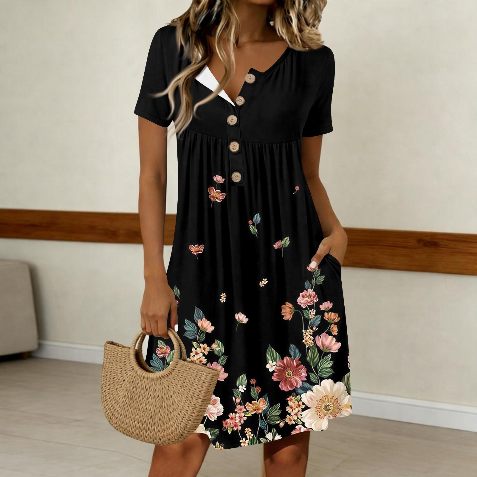 

Женское модное платье в стиле ретро с принтом, круглым вырезом, коротким рукавом и пуговицами, повседневное M чёрный