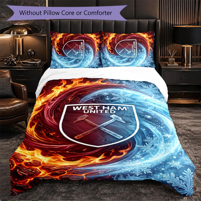 West Ham United Fußball 3-teiliges Bettwäsche-Set Weiches Bettbezug-Set mit Kissenbezügen Bedrucktes Schlafzimmer-Deko-Set für Zuhause