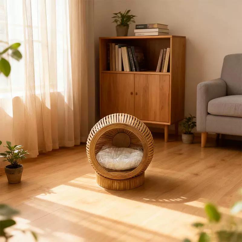 Bamboo Pet Bed for All Seasons Breathable Cooling Small Dog Cat Nest Rattan Cat House Wood Style Pet Furniture for Living Room