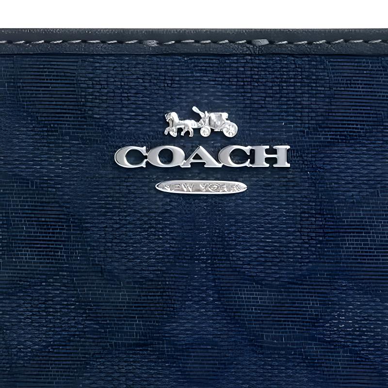 Coach Snap Wallet 11 Monogram Logo Button Closure Signature Jacquard Leather Fabric Wallet Women wallet Silver Dark-Denim CU401-SVPM1