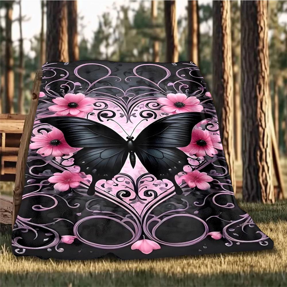 1pc Butterfly Floral Pattern Outdoor Flannel Blanket Soft All Season Polyester Throw , Perfect for Picnics & Travel , Picnic Accessory