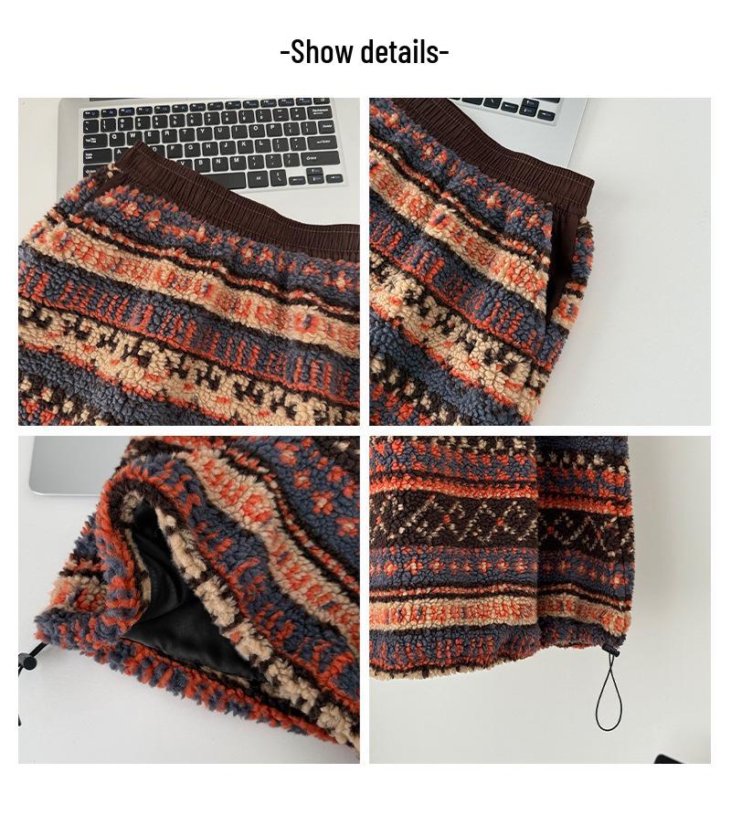 Retro Fair Isle Fleece Women's Mid-Length Lantern Skirt - Ethnic Style, Drawstring Hem, Two-Way Wear for Autumn/Winter