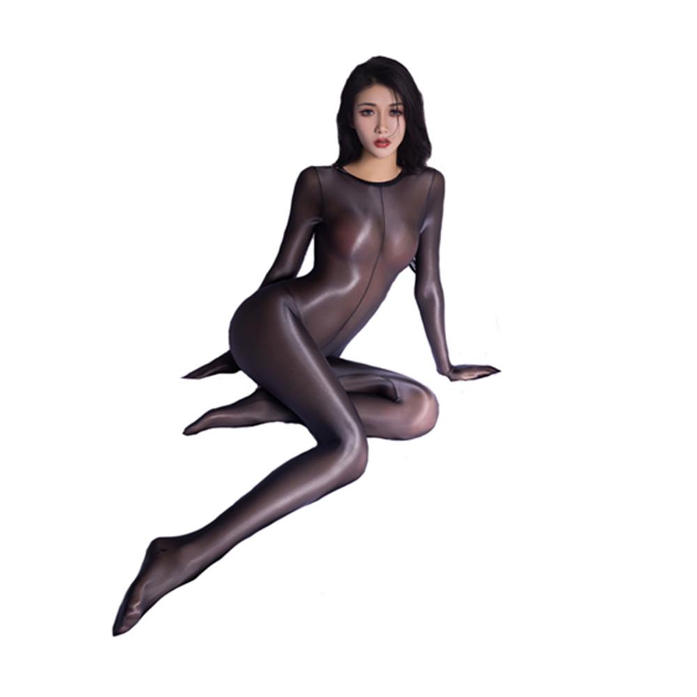 Sexy dámský lesklý body bez rozkroku Průhledný body s otevřeným rozkrokem Dlouhý rukáv Teddies Body Bodystockings Hedvábný celotělový oblek Kombinéza
