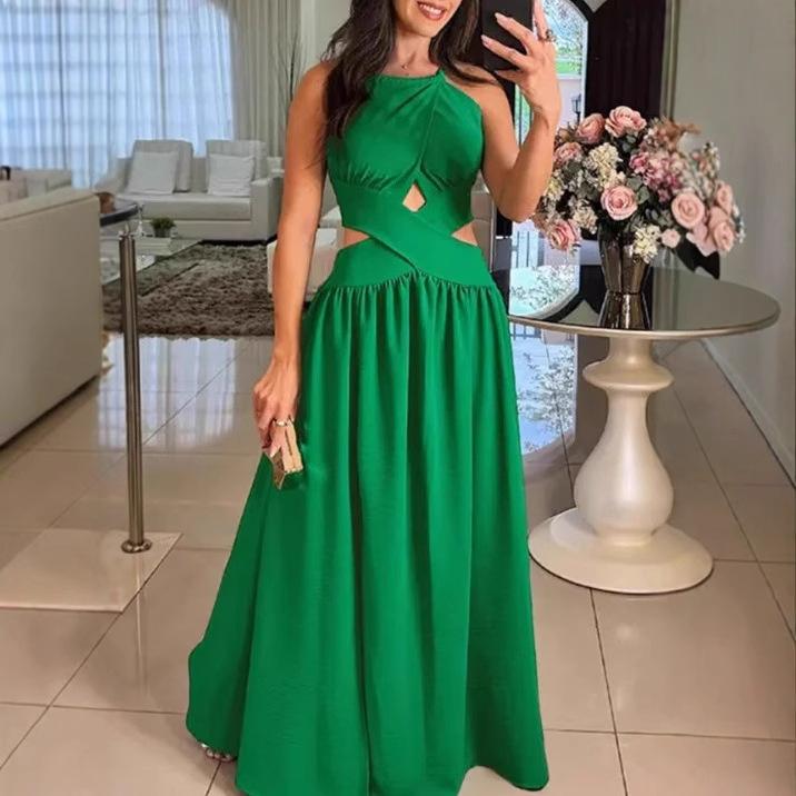 European and American new women's clothing sleeveless exposed navel big pendulum dress high waist backless strap dress dress