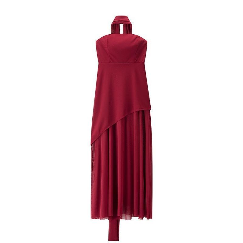 Spot Women's New Fashion Lace-up Scarf Tube Top Mesh Splicing Pendulum Dress