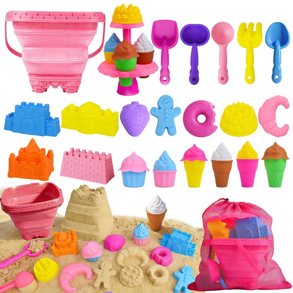 Sandpit Set Beach Toy 31-Piece Set with Folding Bucket & Mesh Bag, Castle & Dessert Shapes, for Sand and Water Play, Suitable for Boys and Girls,
