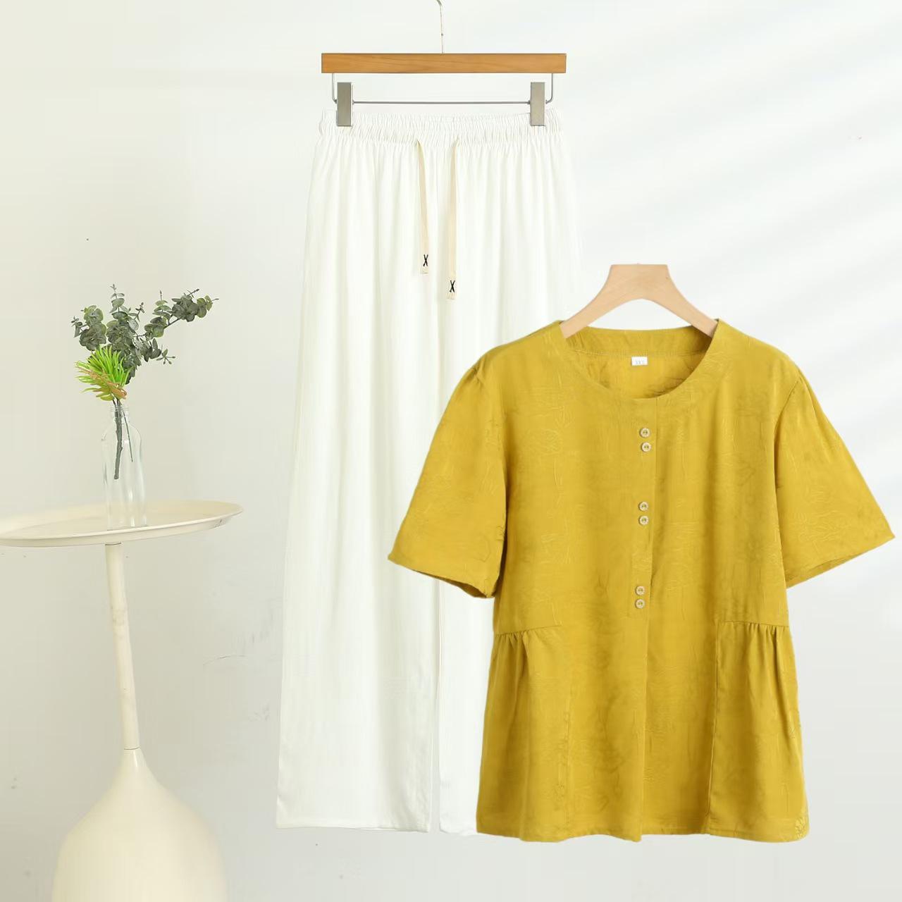 

Летний хлопково-вискозный комплект свободного кроя из топа и брюк для женщин среднего и пожилого возраста 3XL