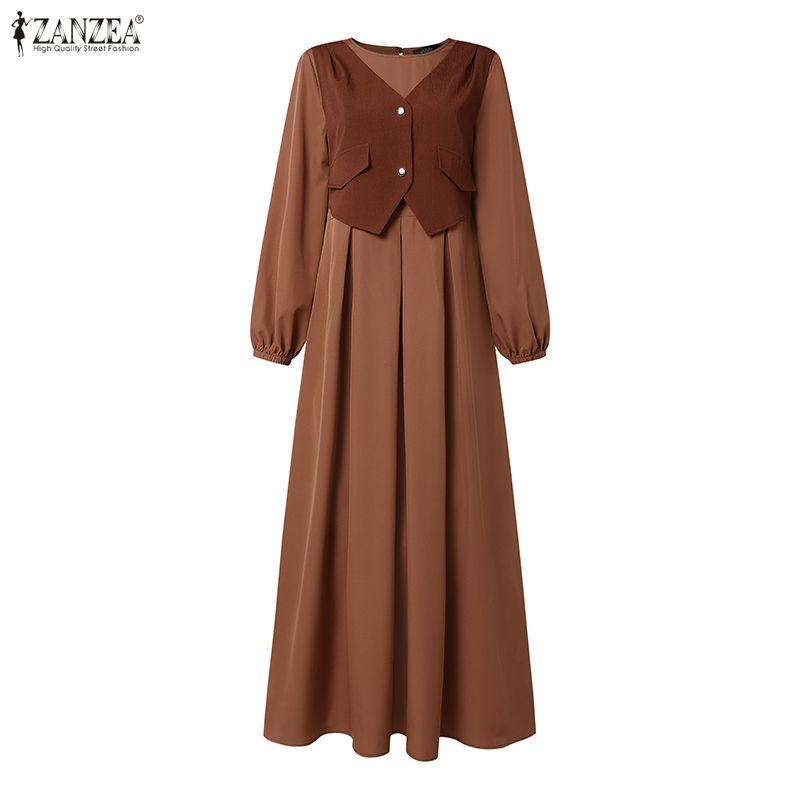 ZANZEA Abito Lungo Casual da Donna Girocollo Maniche Lunghe Largo Patchwork