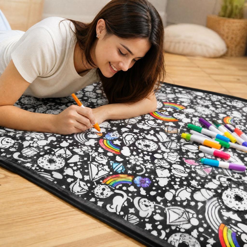 DIY Coloring Blanket with Markers, 127 150 cm Flannel Throw, Happy Doodle Design 1ml