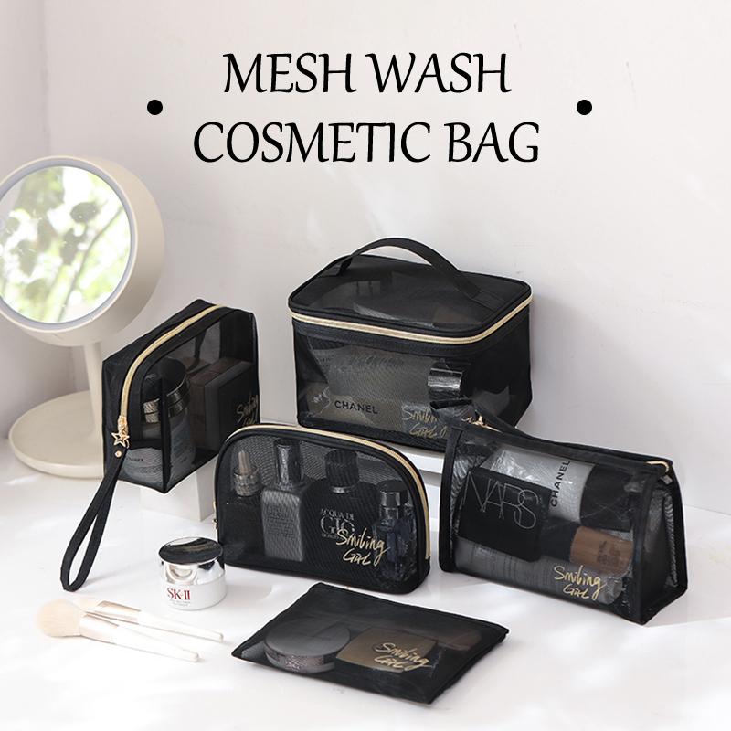 1Pc Black Mesh Cosmetic Bag Small Large Makeup Bags Zipper Pouch For Offices Travel Storage Bags Toiletry Bags Makeup Pouch