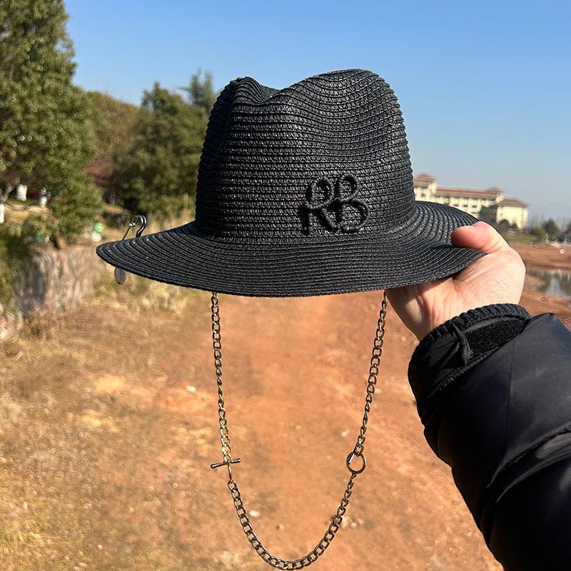 

Summer Fedora Hat Metal Chain Beach Hats Customized New English Letter Hats For Men And Women Panama Punk Hats Derby Party Hat 54-58cm чорний