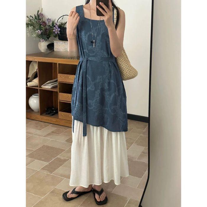 2026 Elegant Summer Sleeveless Patchwork Dress - New Chinese Style Slimming Two-Piece French Design M