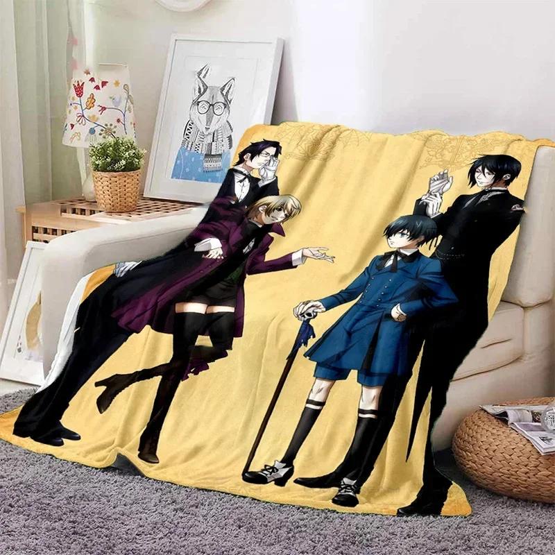Cartoon Black Butler Flannel Blanket Anime Demon Butler Pattern Decorative Throw for Home Travel Office Use 100cmx150cm