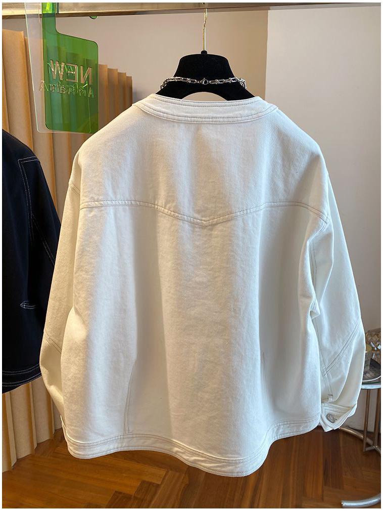 Biała Szeroka Jeansowa Kurtka Damska Sense - Luźna, Bez Kołnierza, Zakrzywiony Detal na Wiosnę i Jesień 2025