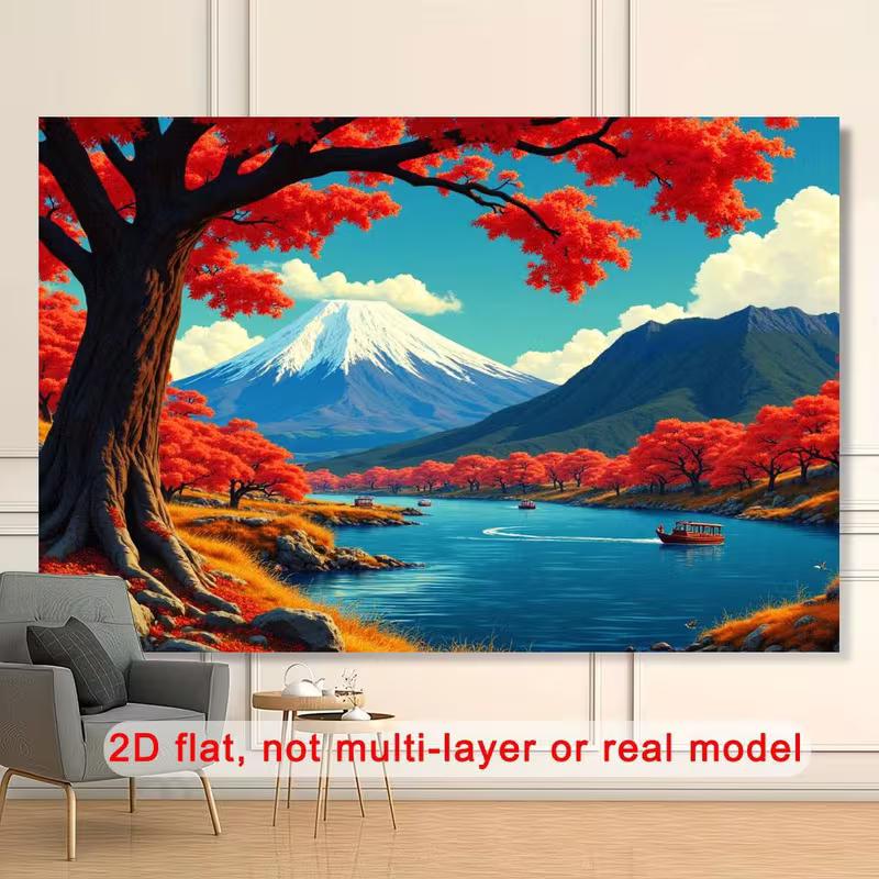 2D Scenic Mount Fuji Red Maple Lake Photography Background