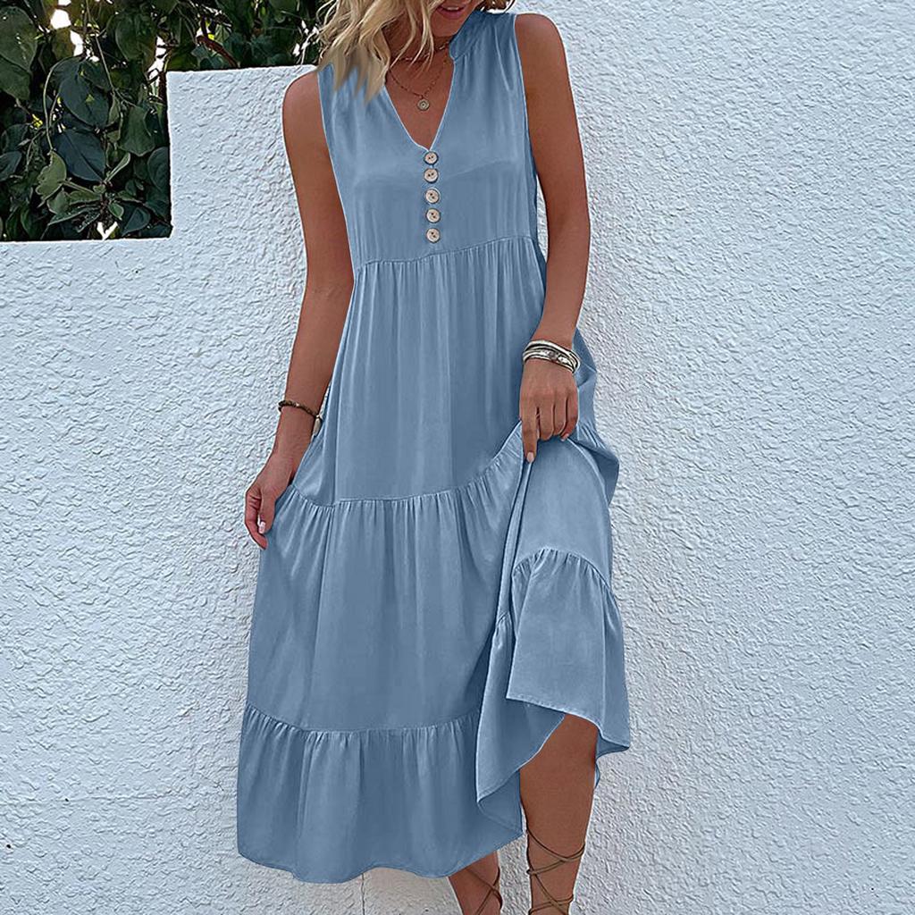 Sleeveless Women's Dress Casual Flowy A-Line Midi Tshirt Dresses With Pockets Crewneck Vocation Boho Beach Sundress