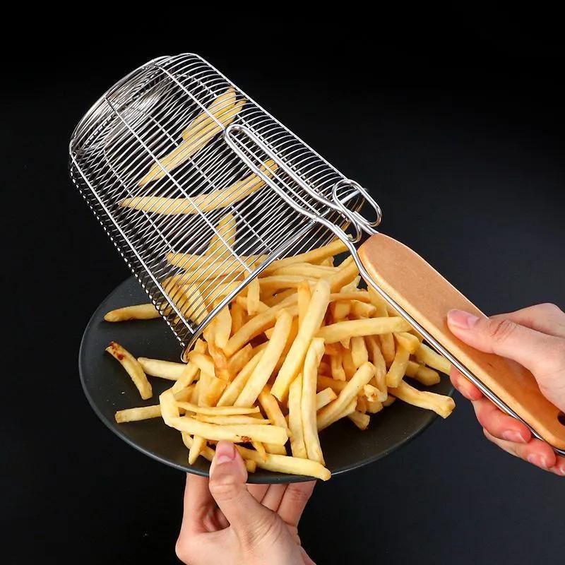 Passoire en acier inoxydable pour marmite avec manche en bois, filtre pour écumoire alimentaire, panier à friture suspendu, passoire de cuisine, cuillère