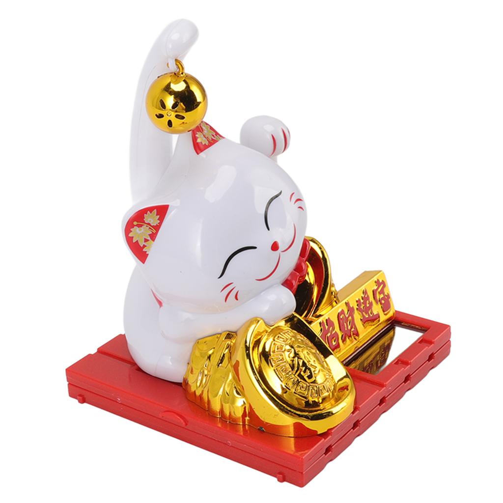 Solar Powered Lucky Cat Good Luck Wealth Welcoming Fortune Cat with Bell Home Room Office Desktop