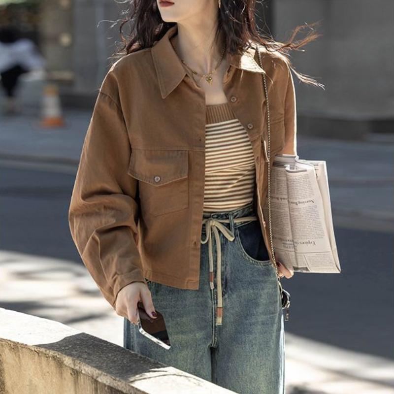 Women's Spring and Autumn Jacket Designer Style Hong Kong-Inspired Retro Long Sleeve Short Solid Color Shirt Top