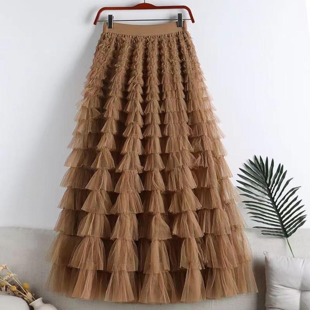 Women's Elastic Waist A‑Line Maxi Tulle Skirt Fresh Sweet Tiered Cake Long Skirt