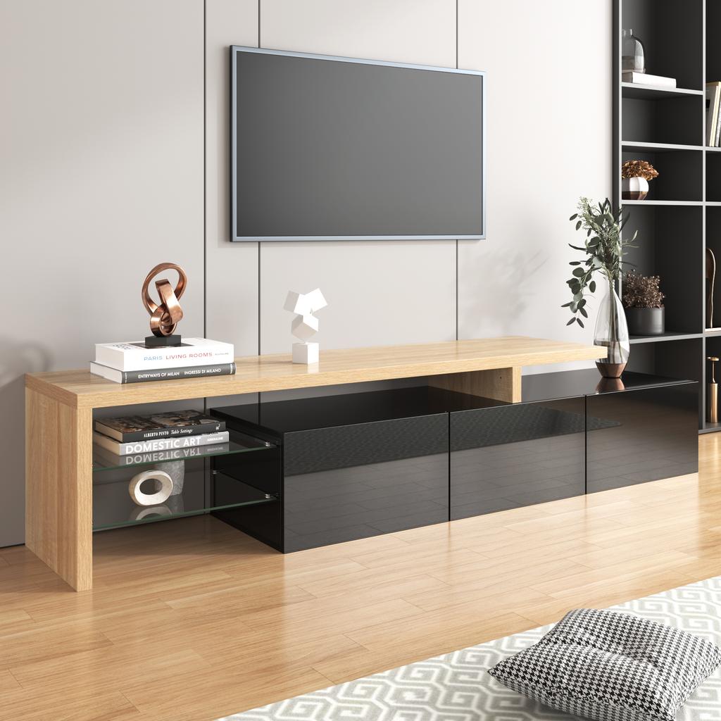 Modern TV Cabinet Design: Stylish Elegance, Practical Storage Space, High-Gloss Black, Wood Look, Glass Shelves, LED Lighting