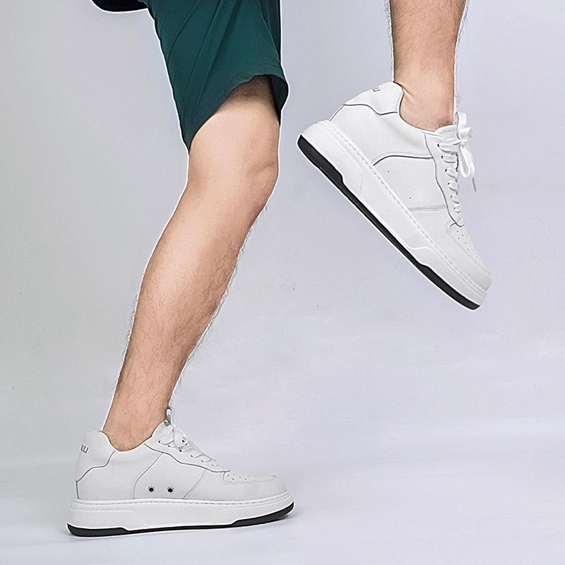 Men's 6cm Height-Increasing Breathable White Leather Sneakers