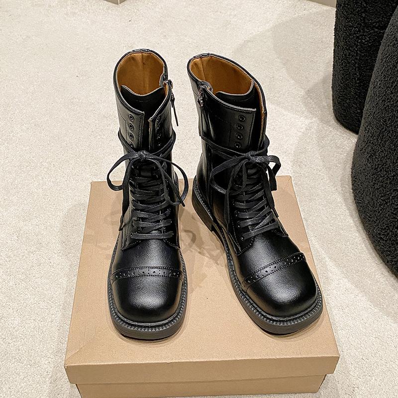 Fall New Round Front Lace-up Side Zipper Comfortable Mid-calf Boots for Women Chunky Heel Boots
