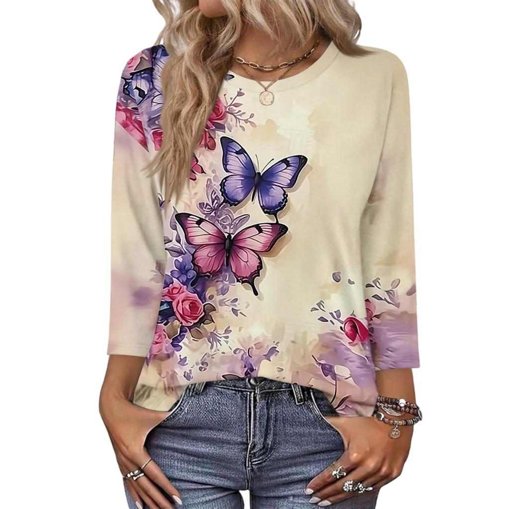 343/4 Sleeve Shirts For Women Cute Print Graphic Tees Blouses Casual Plus Size Basic Tops Pullover