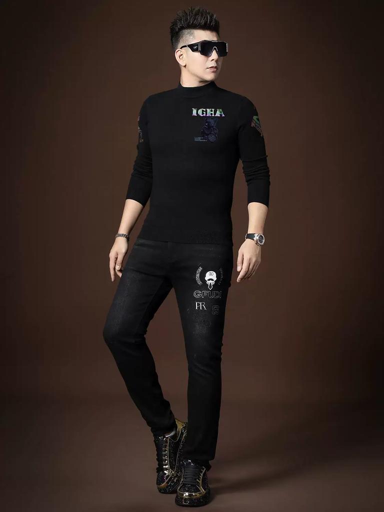 European Style Half-Turtleneck Pullover Men's Knit Sweater 2025 New Autumn Trendy Bear Rhinestone Top for Men