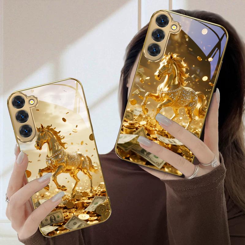A lovely golden steed For Samsung Galaxy S20 FE S21 S22 Ultra S23 Plus S24 Ultra 25Ultra S21+ S9+ 22Plus Golden glass phone case