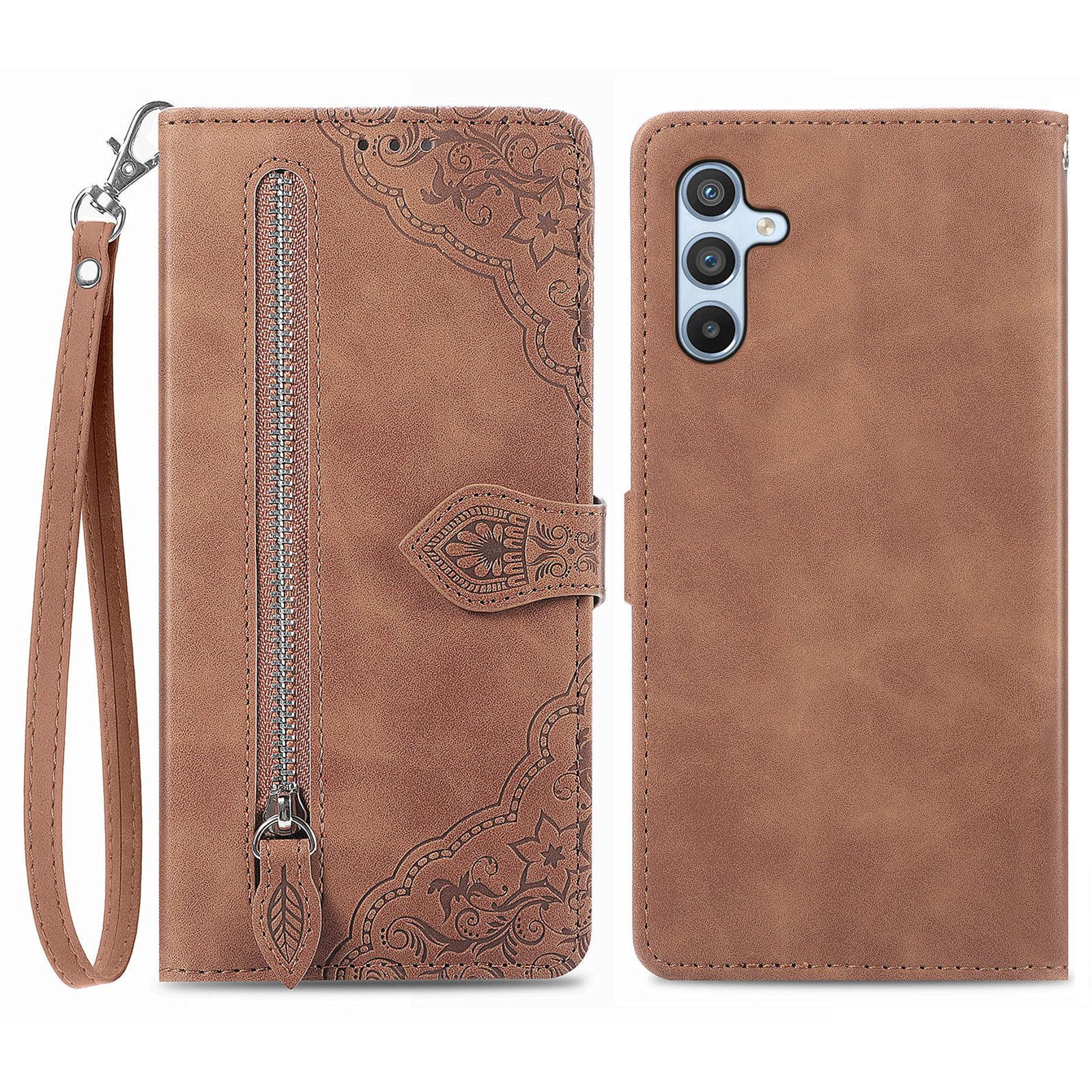 

For Samsung Galaxy A54 5G Zipper Wallet Case with Strap Flower Imprint PU Leather Phone Cover Brown